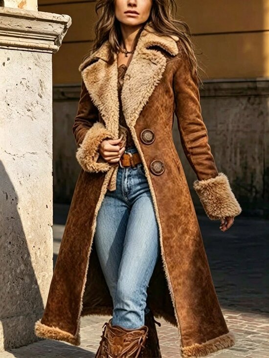 Jackets & Blazers - Brown Casual Elegant Women's Faux Shearling Long Coat